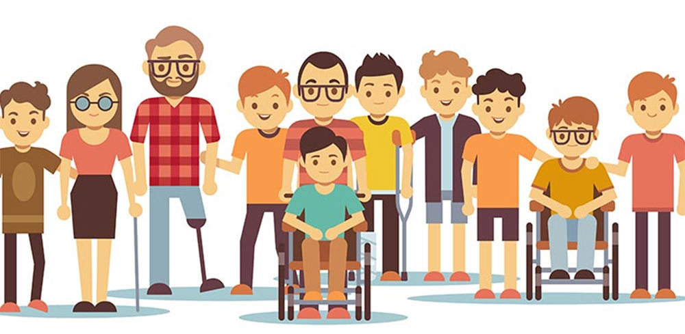 Клип арт слика на која е прикажана група на лица со различни попречености