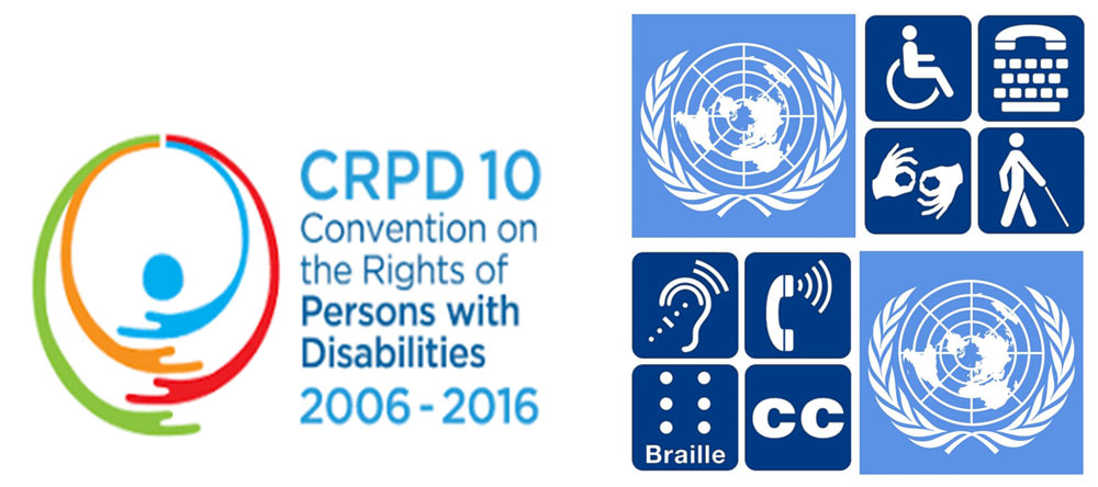 Слика со логоа од Конвенцијата на ОН за правата на лицата со попреченост. Лево текст на англиски јазик со наслов на конвенцијата, десно логоа на Обединети нации и симболи за различни видови на попречености